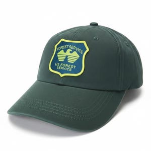May include: A dark green baseball cap featuring a shield-shaped patch on the front. The patch has a blue background with a yellow border and displays a stylized eagle graphic above the text FOREST SERVICE and US FOREST SERVICE in yellow.