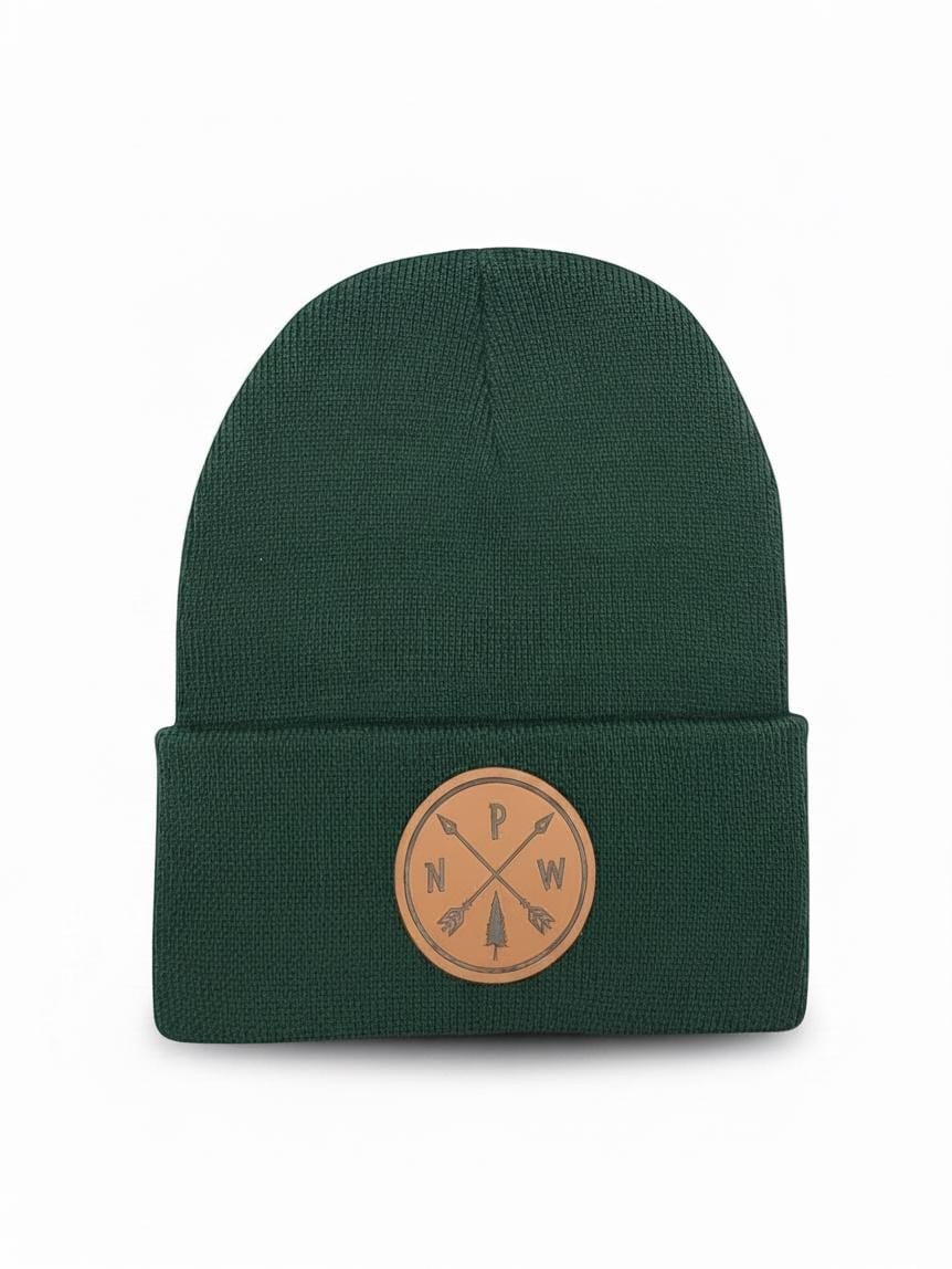 PNW Arrows Knitted Beanie with Leather Patch - National Park Inspired Winter Hat Gift