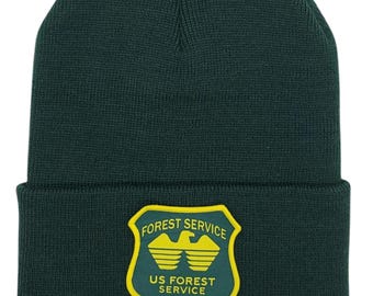 US Forest Service Beanie, USFS Hat, Forestry Gift, National Forest Shield Patch, Outdoor Hiking Gear, Park Ranger Winter Knit Cap, Nature