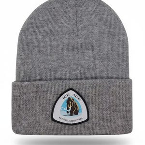 May include: A heather gray knit beanie with a folded cuff. Centered on the cuff is a triangular patch featuring a dark brown woolly mammoth silhouette against a light blue background, with the text ICE AGE NATIONAL SCENIC TRAIL printed.