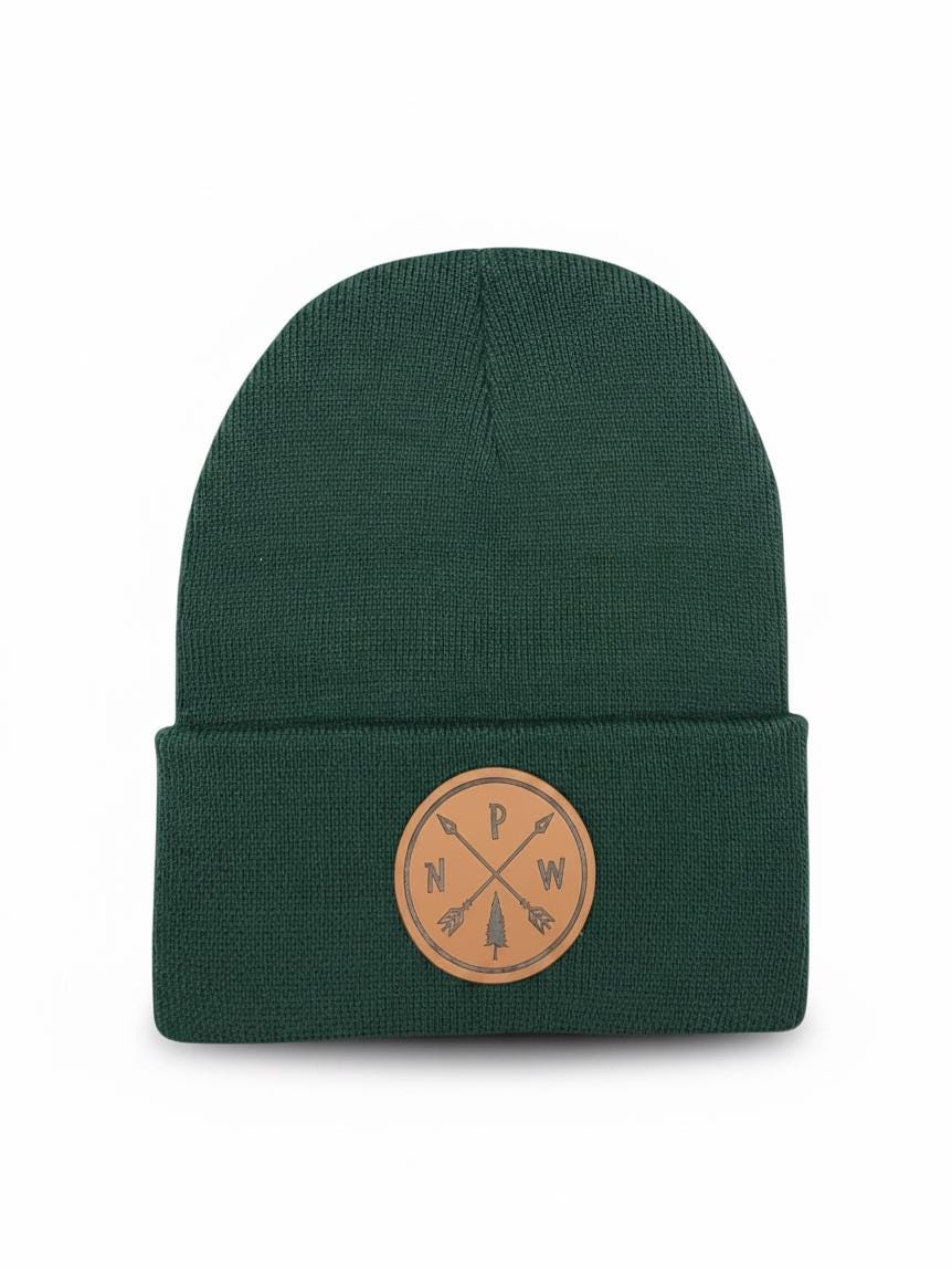 PNW Arrows Knitted Beanie with Leather Patch - National Park Inspired Winter Hat Gift