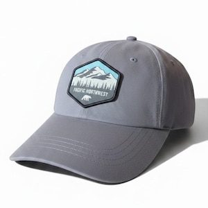 May include: A grey baseball cap featuring a hexagonal patch on the front. The patch displays a light blue sky, white mountain peaks, a dark forest, and the text PACIFIC NORTHWEST above a small white bear silhouette graphic.