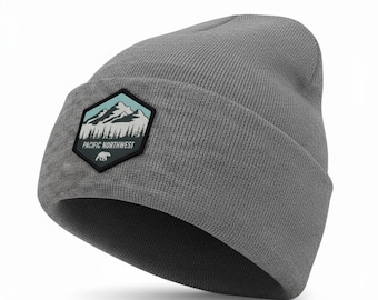 PNW Beanie Hat – Unisex Rib-Knit with Woven Patch