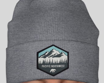PNW Beanie - Unisex Acrylic Cuffed Ski Hat with Woven Patch