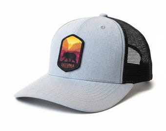 California Trucker Hat, Golden State Mountain Patch Snapback, Retro Cali Bear Adventure Cap, Gift for Hikers Men & Women