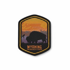 May include: A hexagonal embroidered patch featuring a black silhouette of a bison against a sunset background of orange, yellow, and purple hues. The text WYOMING and THE EQUALITY STATE is stitched in orange at the bottom of the patch.