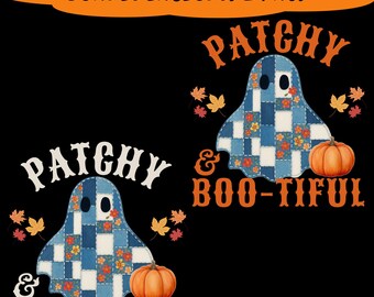 Patchwork Halloween Ghost PNG: Denim & Floral Designs (Digital Download