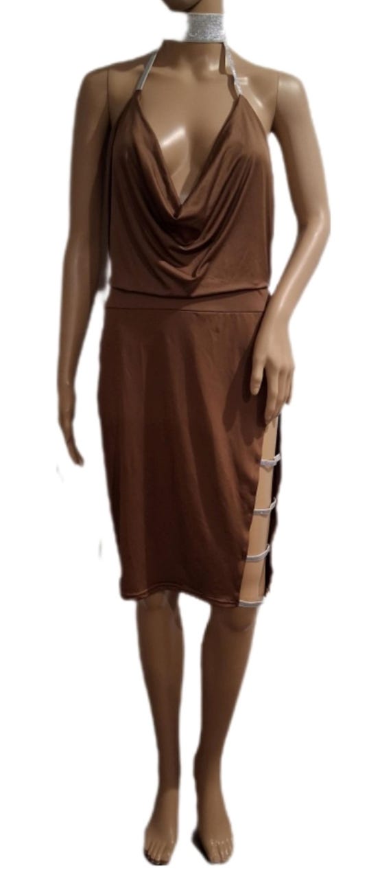 lycra bodycon dresses Dress- Khaki Brown and Metallic Silver- Size Small Medium Fitted Lycra- Dress sleevestyling:Regular Sleeves Laundry by Shelli Segal Duration:5 days our Womens Long Sleeves