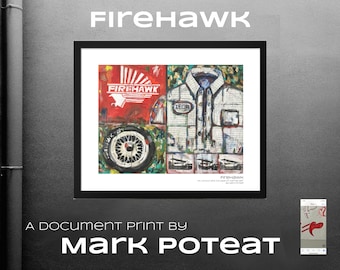 Firehawk - Impressão de documento emoldurado do trabalho original de 1997 feito em óleo, acrílico e colagem sobre tela por Mark Poteat