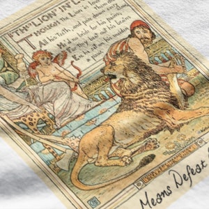 Puede incluir: Una ilustración que muestra un león, una mujer y un hombre. El león está acostado con las patas extendidas. La mujer está sentada en un trono con una piel de leopardo. El hombre está de pie detrás del león, sosteniendo una espada. El texto "THE LION IN LOVE" está escrito en la parte superior de la imagen. El texto "Means Defest Ends" está escrito en la parte inferior de la imagen.