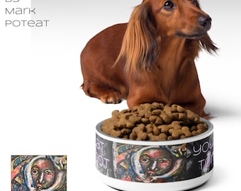 Pet Bowl Cat pegou sua língua em acrílico e colagem por Mark Poteat