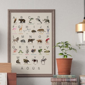 Alfabeto ilustrado alemán Ilustraciones de animales vintage Letras Arte de pared escolar, estudio divertido, regalo lingüista Póster de papel semibrillante clásico