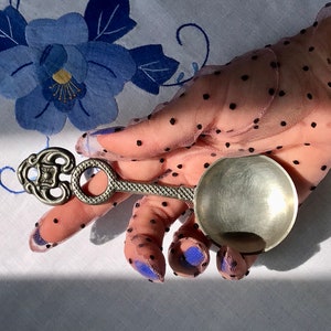 Vintage PEWTER art spoon, antique sugar spoon with decorative handle