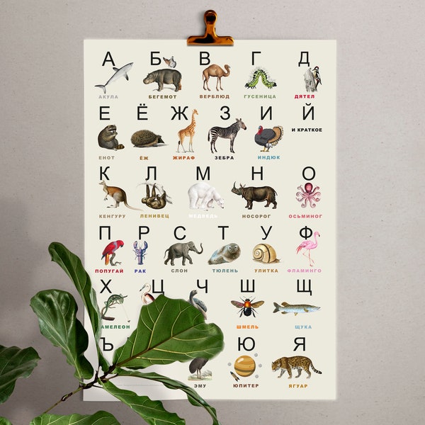 Russisches Illustriertes Alphabet, Vintage Tierillustrationen Kyrillische Buchstaben, Linguist Geschenk Großes Premium Matte Papier Poster