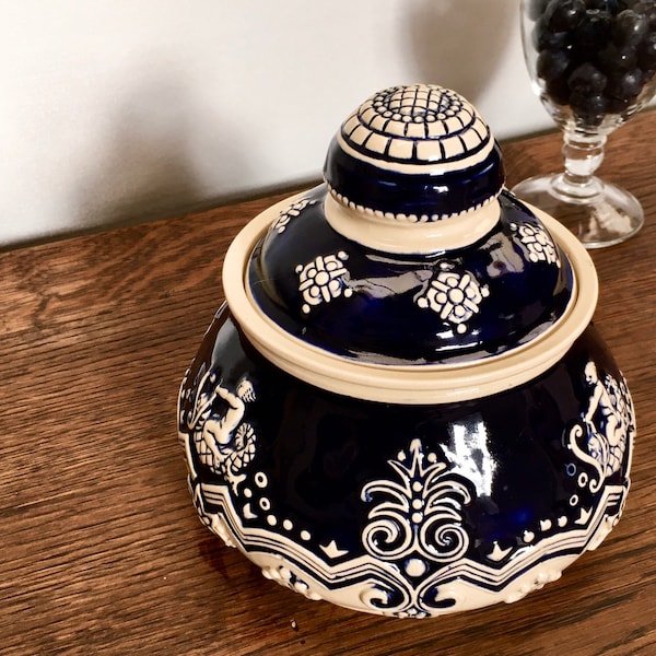 Indigo blue stoneware Bowl with Lid, Vintage Glazed ceramic pot with relief traditional mermaids and sea life motives,