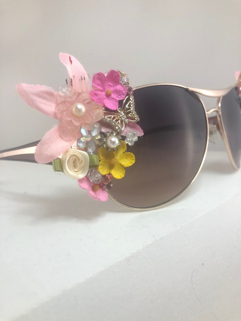 Fairy Forest Intricate detailed mosaic embellished silver round aviator sunglasses tiki swag