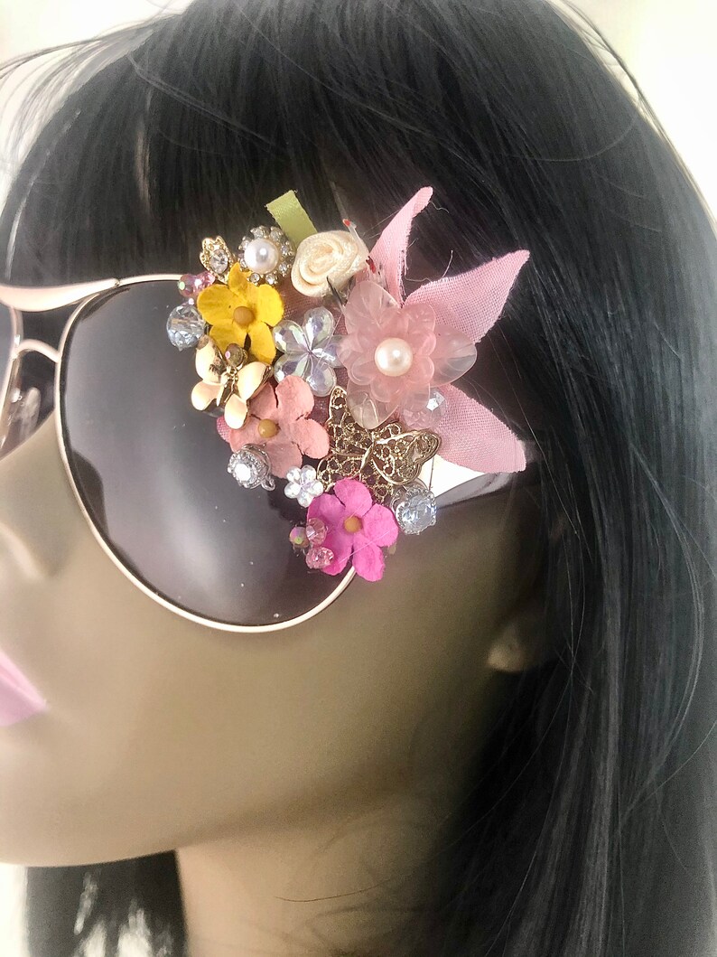 Fairy Forest Intricate detailed mosaic embellished silver round aviator sunglasses tiki swag