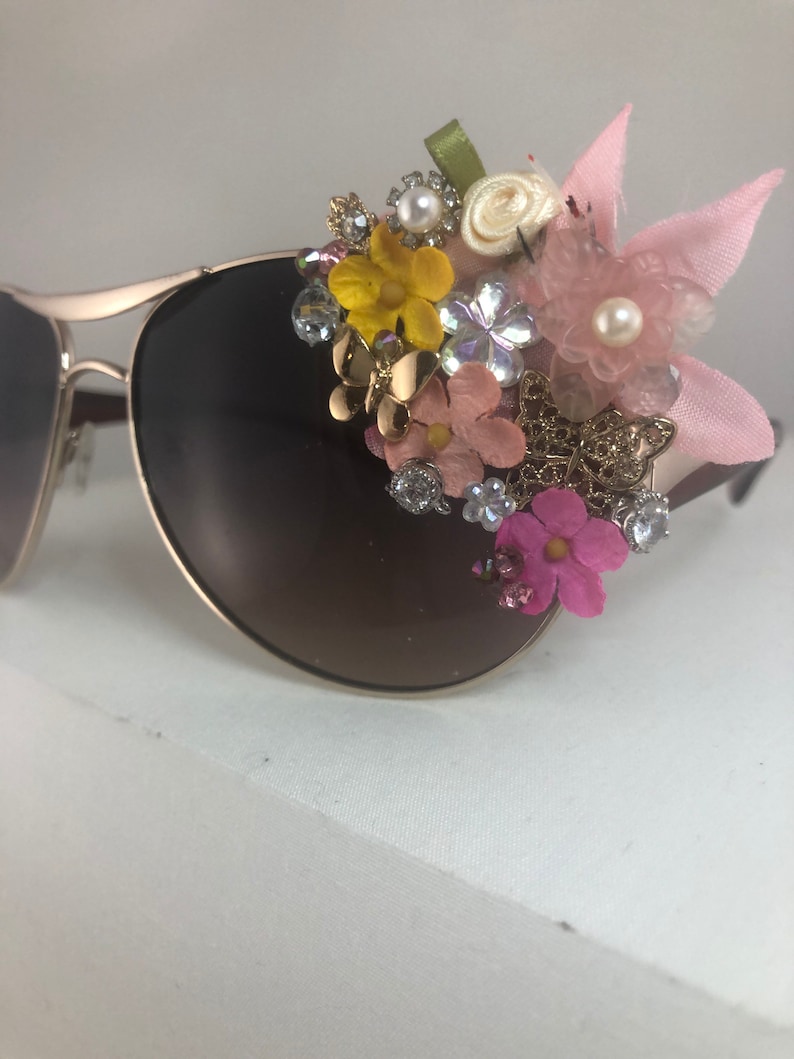 Fairy Forest Intricate detailed mosaic embellished silver round aviator sunglasses tiki swag