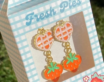 Strawberry Pie earrings, heart pie earrings, strawberry earrings, gift for her, funky earrings