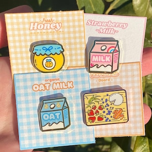 Picnic Pins Bundle, honey jar pin, oat milk pin, strawberry milk pin, charcuterie board pin, cottagecore enamel pin bundle