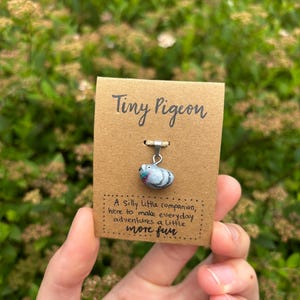 Könnte beinhalten: Ein kleiner, handbemalter grauer und schillernd grüner Taubenanhänger an einer silberfarbenen Metallöse, befestigt auf einer rechteckigen braunen Karte. Die Karte trägt den Text Tiny Pigeon und A Silly little companion, here to make everyday adventures a little more fun.