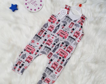 London Bus Romper, London Dungarees, Buses,  All in one, Baby Gifts, 1st Birthday, Age 9-12 Months