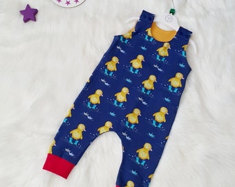 Duck in Wellies Romper, Dungarees, Duck Romper, All in One, Blue Romper, Age 6-9 Months