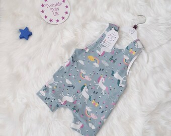 Unicorn and Rainbow Short Leg Romper, Rainbow Dungaree, Unicorn clothing, Baby Romper, Summer Romper, Available 0-3, 3-6 + 6-9 Months