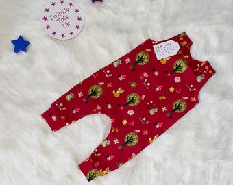 Burgundy Woodland Romper, Dungarees, Burgundy Romper, All in One, Fox, Owl, Age 6-9 Months