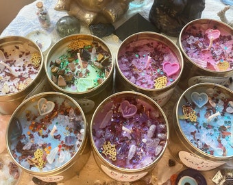 Manifestation Crystal Healing Candle-clear quartz-rose quartz-amethyst-aventurine-aquamarine-tigers eye-free delivery-spells-altar