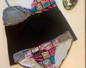 Vintage Ocean Pacific Neon Cartoon Tankini Two Piece Swimsuit Size 11 13 Juniors