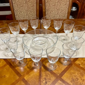 Vintage Princess House Heritage Hand Blown Hand Cut Etched Crystal Chip Dip Bowl Wine Glasses Set Barware