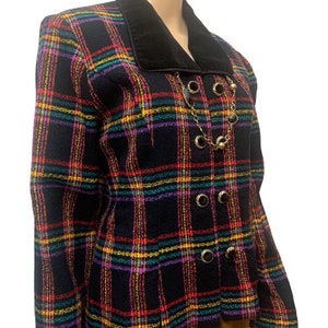 Vintage 80’s Black Colorful Plaid Velvet Collar Double Button Blazer Jacket