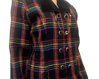 Vintage 80’s Black Colorful Plaid Velvet Collar Double Button Blazer Jacket