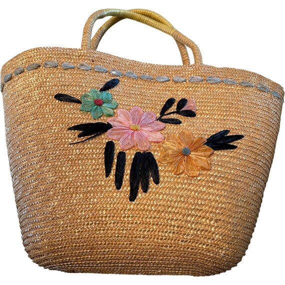 Vintage Rattan Straw Wicker Lined Raffia Flowers Bag … - Gem