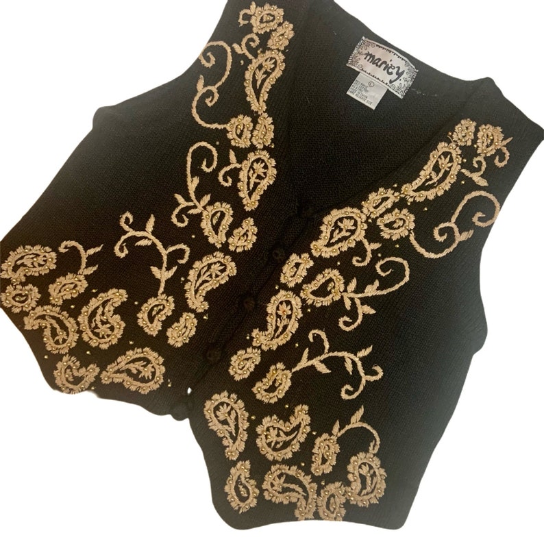 Vintage 80\u2019s Black Tan Metallic Gold Paisley Sweater Vest