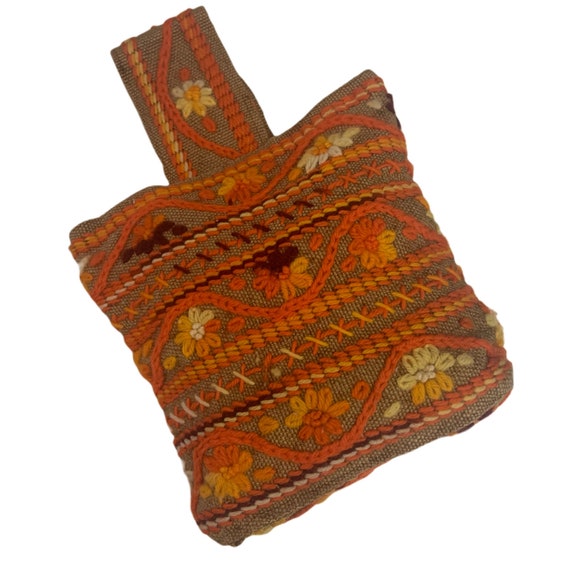 Vintage 1970’s Bohemian  Embroidered Burlap Bag Purse Orange Flowers Grandma Chic