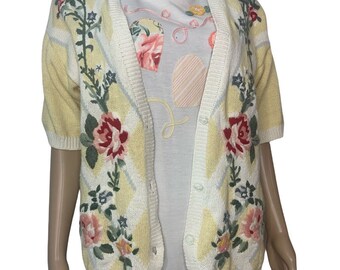 Vintage 80’s Embroidered Floral Short Sleeve Sweater & Matching Embellished Heart Floral Shirt Coastal Cottage