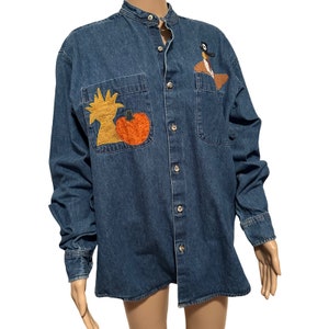 Vintage Unisex 90’s Sunbelt Denim Long Sleeve Denim Embroidered Fall Themed Turkey Thanksgiving Shirt Shacket