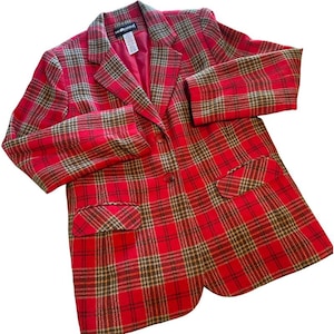 Vintage 80’s/90’s Red Plaid Lined One Button Blazer Academia Holiday Preppy
