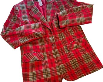 Vintage 80’s/90’s Red Plaid Lined One Button Blazer Academia Holiday Preppy