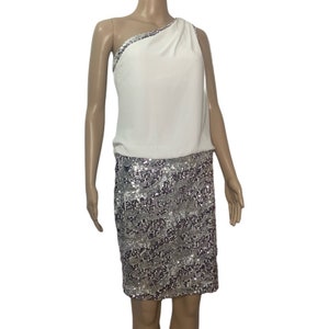 Vintage New 80’s/90’s Cache White Silver Sequined One Shoulder Cocktail Party Dress Club Wear Bachelorette Party Homecoming