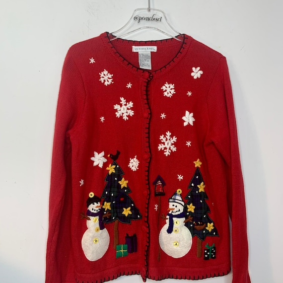 Vintage 90’s Red Plaid Snowman Christmas Cardigan
