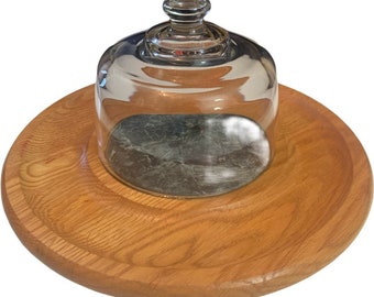 Vintage 80’s 90’s Cornwall USA Wood Green Marble Cheese Tray With Glass Dome Lid