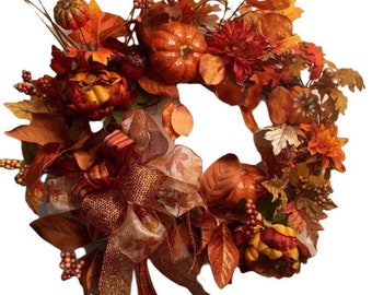 Guirlanda de outono com peônia floral metálica laranja e cobre para porta e parede