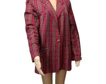 Vintage 90’s Red Madras Plaid Cotton Long Sleeve Blazer Academia Emily In Paris