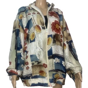 Vintage 90’s Designer Oleg Cassini Team Effort Unisex Oversized Blue Tan Silk Bomber Jacket