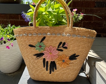 Vintage Rattan Straw Wicker Lined Raffia Flowers Bag Purse Cottage Coastal Grandma Garden Boho Basket Decor