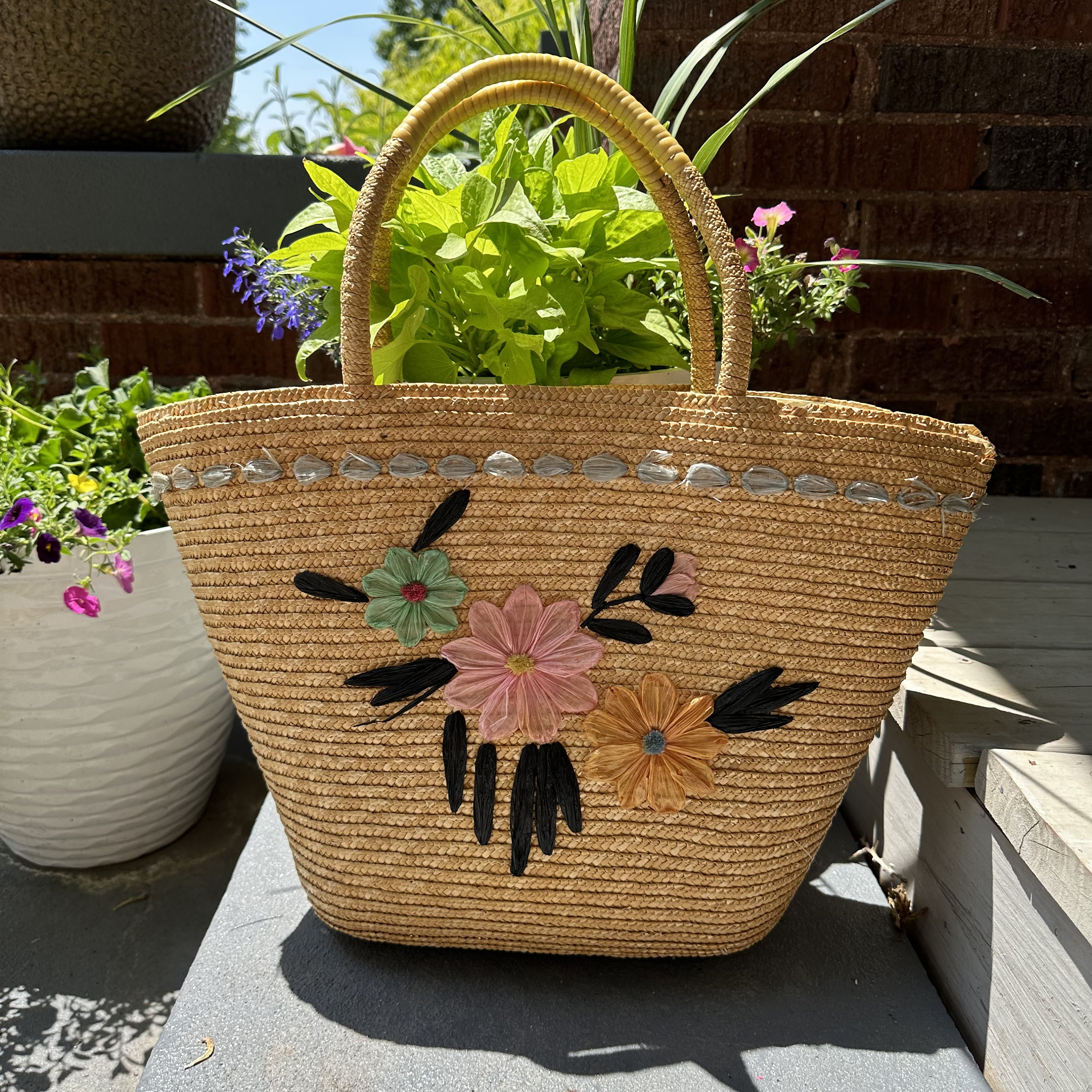 Vintage Rattan Straw Wicker Lined Raffia Flowers Bag Purse Cottage ...