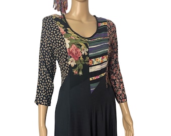 Vintage 1980’s Boho Black Floral Mixed Patterns Patchwork Below Knee Dress